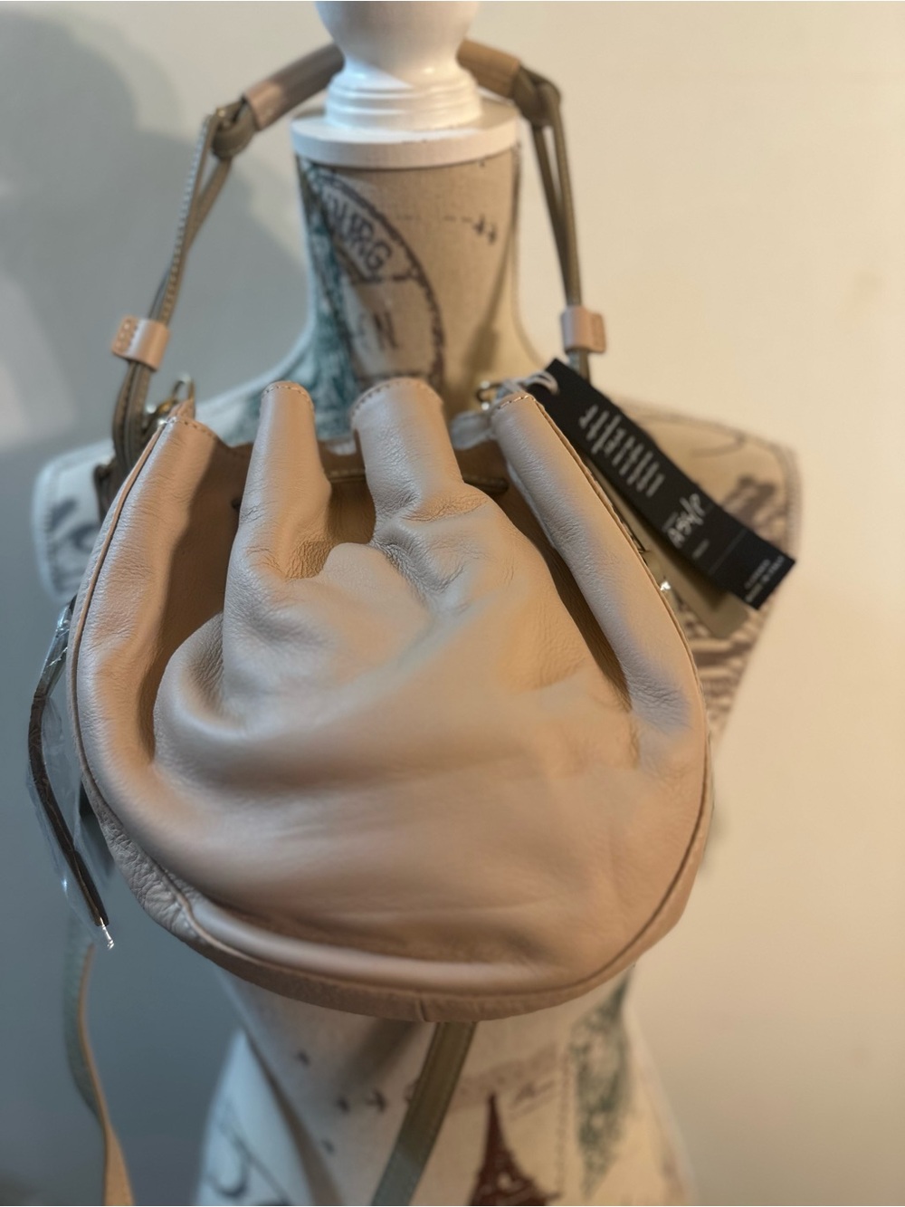 Soft Pebble Leather Drawstring Crossbody in Light Beige